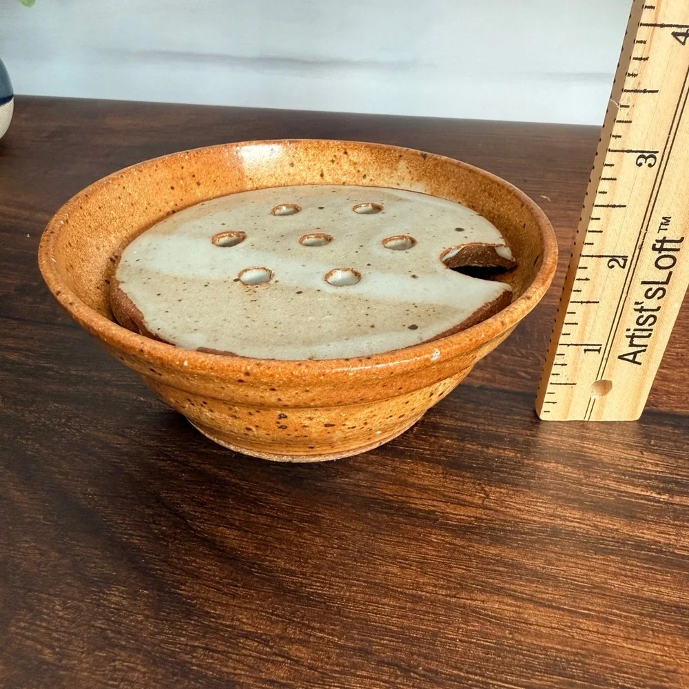 Studio Pottery Stoneware Soap Dish Removable Draining Insert Speckled Glaze